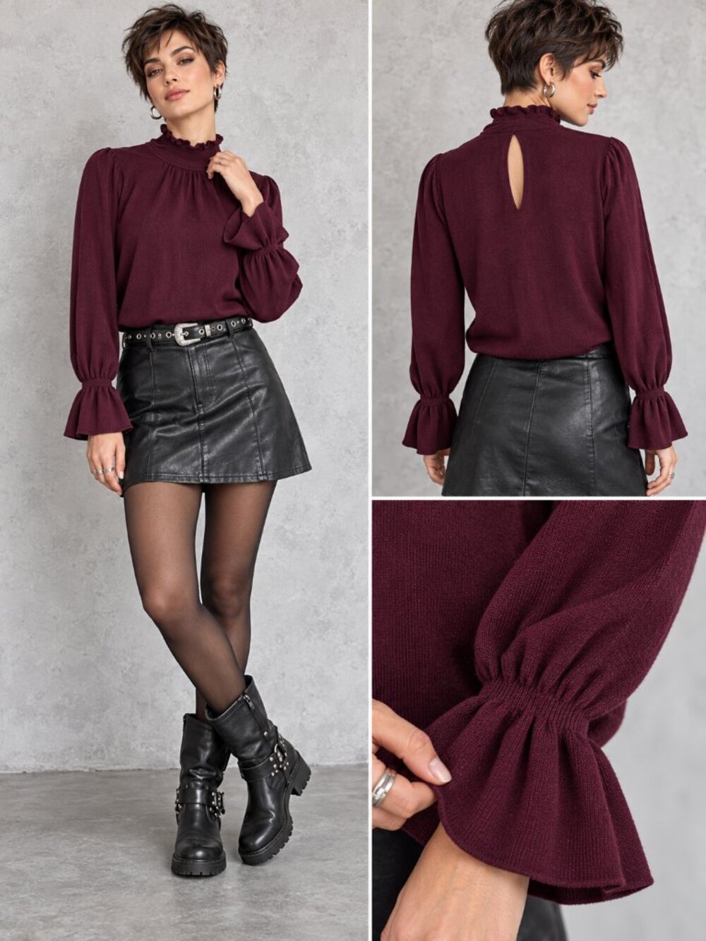 ba&sh Bordeaux Ruffle Mock Neck Long Sleeve Tie Cuff Knit Top XS 1H21SINT